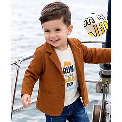 Babyhug Knit Full Sleeves Solid Blazer With Text Printed T-Shirt - Brown