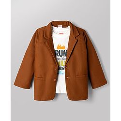Babyhug Knit Full Sleeves Solid Blazer With Text Printed T-Shirt - Brown