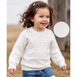 Babyhug Knit Full Sleeves Pullover with Sequin Work - White