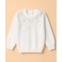 Babyhug Knit Full Sleeves Pullover with Sequin Work - White