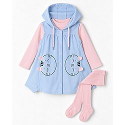 Babyhug Woven Full Sleeves Frocks with Tee & Legging with Knee Length and Cat Applique in Blue