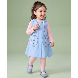 Babyhug Woven Full Sleeves Frocks with Tee & Legging with Knee Length and Cat Applique in Blue