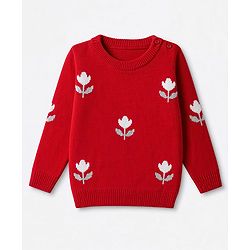 Babyhug Knit Full Sleeves Sweater Set with Floral Design - Red