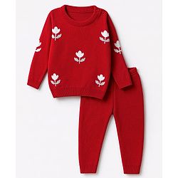 Babyhug Knit Full Sleeves Sweater Set with Floral Design - Red