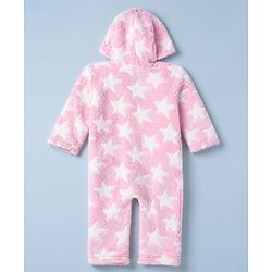 Babyhug Fur Knit Full Sleeves Hooded Winterwear Romper With Star Design - Pink