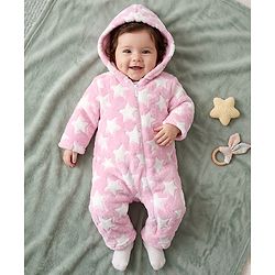 Babyhug Fur Knit Full Sleeves Hooded Winterwear Romper With Star Design - Pink