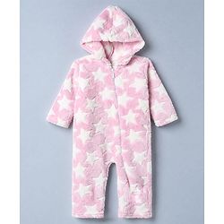 Babyhug Fur Knit Full Sleeves Hooded Winterwear Romper With Star Design - Pink