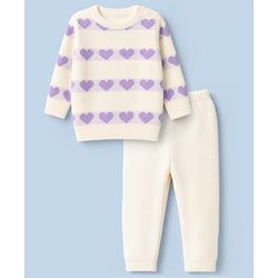 Babyhug Knit Full Sleeves Sweater Set with Heart Design - White & Lavender