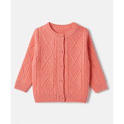 Babyhug Knit Full Sleeves Front Open Sweater with Cable Knit Design - Dark Peach