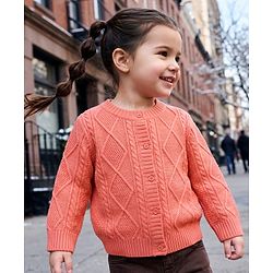 Babyhug Knit Full Sleeves Front Open Sweater with Cable Knit Design - Dark Peach