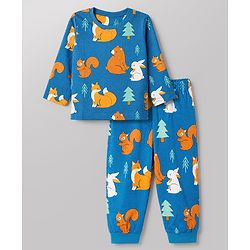 Babyhug Cotton Knit Full Sleeves Co-ord T-Shirt & Pajama Night Suit with Bunny Bear Squirrel Print - Teal Blue