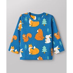 Babyhug Cotton Knit Full Sleeves Co-ord T-Shirt & Pajama Night Suit with Bunny Bear Squirrel Print - Teal Blue