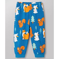 Babyhug Cotton Knit Full Sleeves Co-ord T-Shirt & Pajama Night Suit with Bunny Bear Squirrel Print - Teal Blue