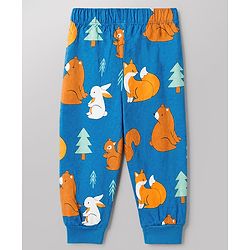 Babyhug Cotton Knit Full Sleeves Co-ord T-Shirt & Pajama Night Suit with Bunny Bear Squirrel Print - Teal Blue