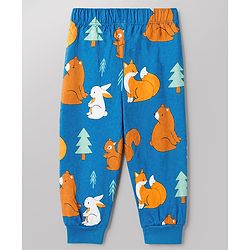 Babyhug Cotton Knit Full Sleeves Co-ord T-Shirt & Pajama Night Suit with Bunny Bear Squirrel Print - Teal Blue