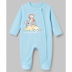 Babyhug Cotton Knit Front Zipper Full Sleeves Sleep Suit with Lazy Days Together Text & Sloth Koala Monkey Print - Blue
