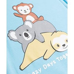 Babyhug Cotton Knit Front Zipper Full Sleeves Sleep Suit with Lazy Days Together Text & Sloth Koala Monkey Print - Blue
