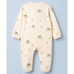 Babyhug Cotton Knit Full Sleeves Sleep Suit with Giraffe Elephant & Trees Print - Off White