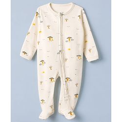 Babyhug Cotton Knit Full Sleeves Sleep Suit with Giraffe Elephant & Trees Print - Off White