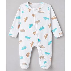 Babyhug Cotton Knit Full Sleeves Sleep Suit With Vehicle Print - White