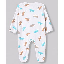 Babyhug Cotton Knit Full Sleeves Sleep Suit With Vehicle Print - White