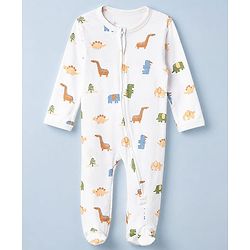 Babyhug Cotton Knit Full Sleeves Sleep Suit with Dinosaur Print - White