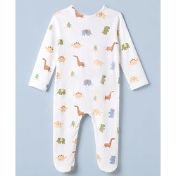 Babyhug Cotton Knit Full Sleeves Sleep Suit with Dinosaur Print - White