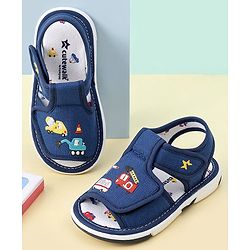 Cute Walk by Babyhug Velcro Musical Sandals With Vehicle Embroidery - Navy Blue