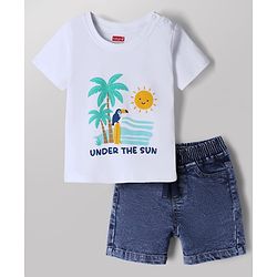 Babyhug Cotton Mixes Single Jersey Knit Half Sleeves T-Shirt and Denim Short Set with Landscape Print - White & Blue