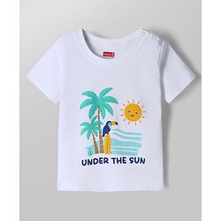 Babyhug Cotton Mixes Single Jersey Knit Half Sleeves T-Shirt and Denim Short Set with Landscape Print - White & Blue