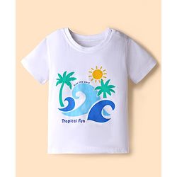 Babyhug Single Jersey Knit T-Shirt and Shorts with Half Sleeves and Beach Scene Print in White for 18-24 Months