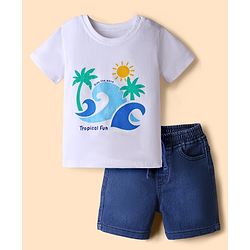Babyhug Single Jersey Knit T-Shirt and Shorts with Half Sleeves and Beach Scene Print in White for 18-24 Months