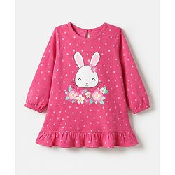 Babyhug Cotton Knit Full Sleeves Nighty With Rabit Print - Dark Pink