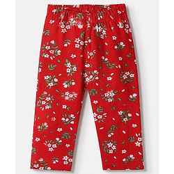 Babyhug Cotton Knit Front Open Full Sleeve Co-ord Top & Pajama Night Suit with Floral Print - Red