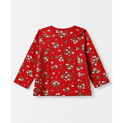 Babyhug Cotton Knit Front Open Full Sleeve Co-ord Top & Pajama Night Suit with Floral Print - Red
