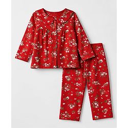 Babyhug Cotton Knit Front Open Full Sleeve Co-ord Top & Pajama Night Suit with Floral Print - Red