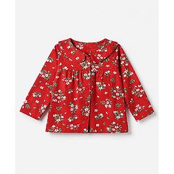 Babyhug Cotton Knit Front Open Full Sleeve Co-ord Top & Pajama Night Suit with Floral Print - Red