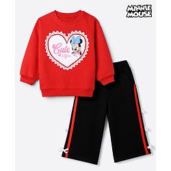 Babyhug Disney 100% Cotton Terry Knit Full Sleeves Sweatshirt and Pant Set with Minnie Mouse Graphic in Red