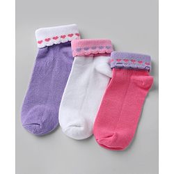 Cute walk By Babyhug Knit Anti-Bacterial Ankle Length Socks With Heart Design Pack Of 3 - Pink Purple White