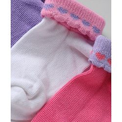 Cute walk By Babyhug Knit Anti-Bacterial Ankle Length Socks With Heart Design Pack Of 3 - Pink Purple White