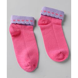 Cute walk By Babyhug Knit Anti-Bacterial Ankle Length Socks With Heart Design Pack Of 3 - Pink Purple White