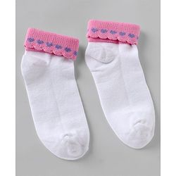 Cute walk By Babyhug Knit Anti-Bacterial Ankle Length Socks With Heart Design Pack Of 3 - Pink Purple White