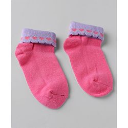 Cute walk By Babyhug Knit Anti-Bacterial Ankle Length Socks With Heart Design Pack Of 3 - Pink Purple White