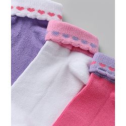Cute walk By Babyhug Knit Anti-Bacterial Ankle Length Socks With Heart Design Pack Of 3 - Pink Purple White