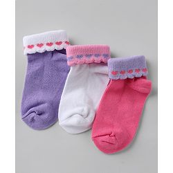 Cute walk By Babyhug Knit Anti-Bacterial Ankle Length Socks With Heart Design Pack Of 3 - Pink Purple White
