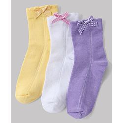 Cute Walk By Babyhug Knit Anti Bacterial Ankle Length Socks With Bow Applique Pack of 3 - White, Purple & Mustard