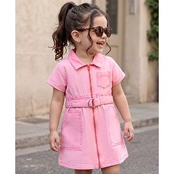 Babyhug Twill Woven One Piece Frock with Half Sleeves in Pink