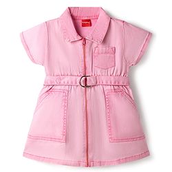 Babyhug Twill Woven One Piece Frock with Half Sleeves in Pink