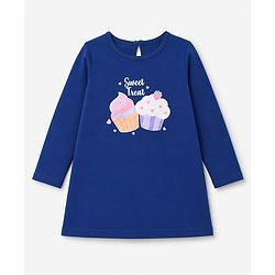 Babyhug 100% Cotton Knit 3/4th Sleeves Nighty with Cup Cake Print - Navy Blue