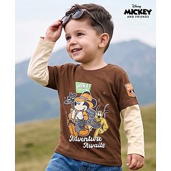 Babyhug Disney 100% Cotton Single Jersey Knit T-Shirt with Full Sleeves and Mickey and Friends Graphic Print - Brown